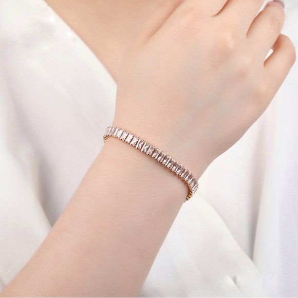 Gold Baguette Tennis Bracelet  18K Gold Plated Hypoallergenic & Tarnish-Free - Picture 2 of 9